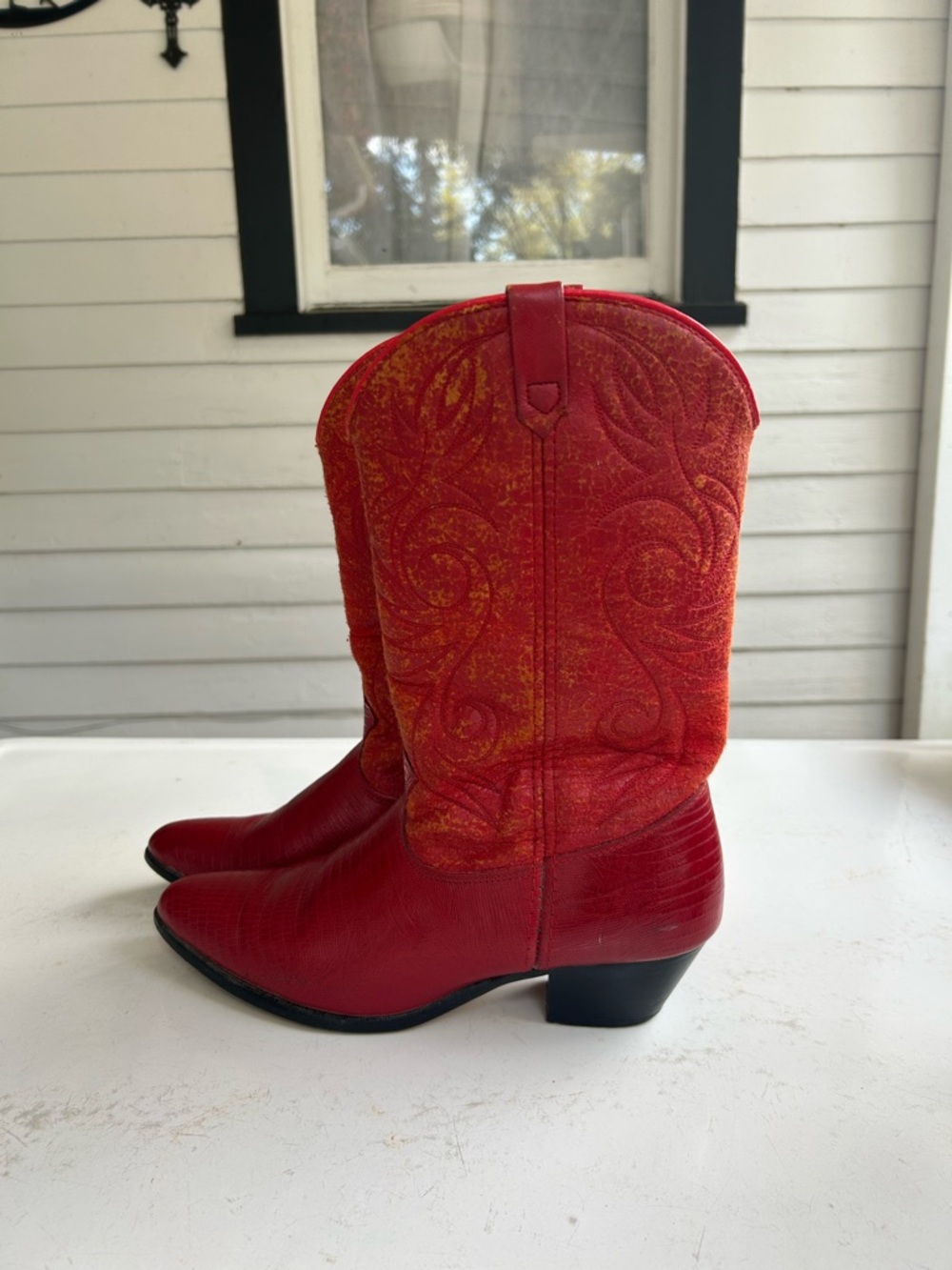 Women's Red Embossed Heeled Cowboy Boots